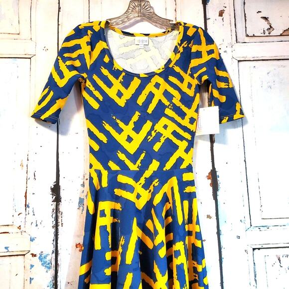 LuLaRoe Yellow & Blue Nicole Style Dress Size XXS Half Sleeve A-Line Skirt NWT - Picture 4 of 9